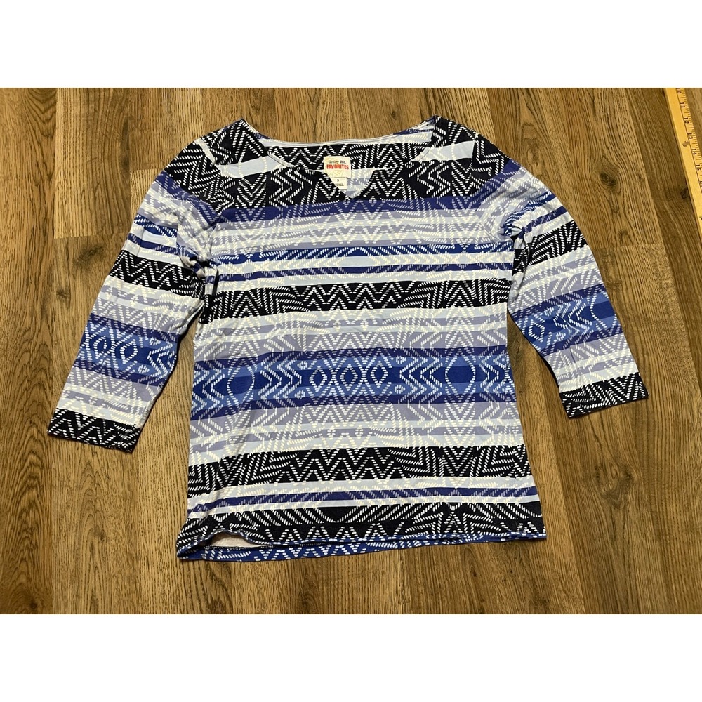 Ruby Rd. FAVORITES Shirt, Women's Size Small, Blue White, 3/4 Sleeve, V-neck